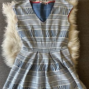 Three Dots Cap sleeve Fit and Flare Blue and White Dress Nautical Striped Summer